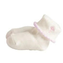 Cross-foldover baby socks in light pink and white, designed for infants 0-6 months, featuring a soft cuff.