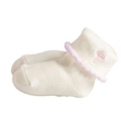 Cross-foldover baby socks in light pink and white, designed for infants 0-6 months, featuring a soft cuff.