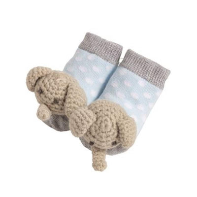 Crochet rattle toe socks for infants, featuring a cute elephant design and a light blue polka dot pattern.