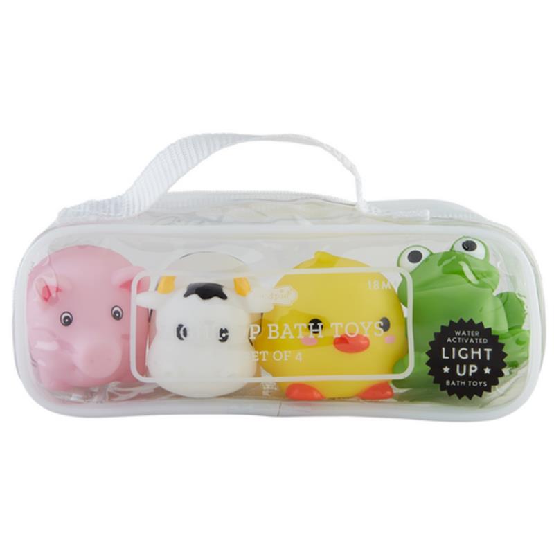 Farm-themed light-up bath toy set featuring a pink pig, white cow, yellow duck, and green frog in a clear carrying case.