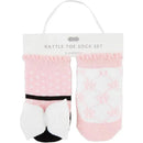 Gingham rattle toe sock set for infants, includes pink socks with polka dots and floral design, sized 0-12 months.