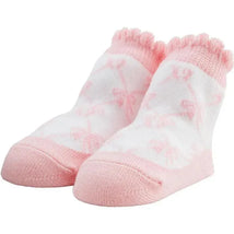 Gingham rattle toe socks in pink and white with a frilled top, designed for infants.