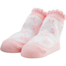 Gingham rattle toe socks in pink and white with a frilled top, designed for infants.