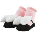 Gingham rattle toe sock set features pink socks with white polka dots and large white bow accents on the toes.