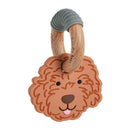 Golden Doodle-shaped teether featuring a textured wooden handle and a smiling face design.