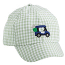 Embroidered green gingham baseball hat featuring a golf cart design on the front.