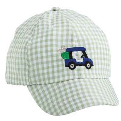 Embroidered green gingham baseball hat featuring a golf cart design on the front.