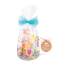 Gourmet Happy Birthday Mug Set with colorful confetti, a gift bag, and decorative marshmallows, labeled for gifting.