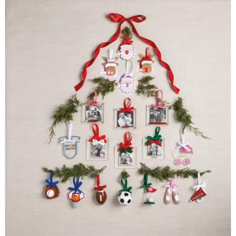 Green bow frame ornament arranged in a Christmas tree design, featuring photo frames, festive decorations, and various playful ornaments.