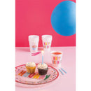 Happy Birthday Party Cup Set featuring colorful cups, cupcakes with frosting and a candle, and a blue balloon on a pink background.