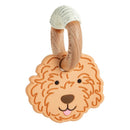 Light Golden Doodle-shaped teether with a wooden ring, designed for babies to chew and play with.