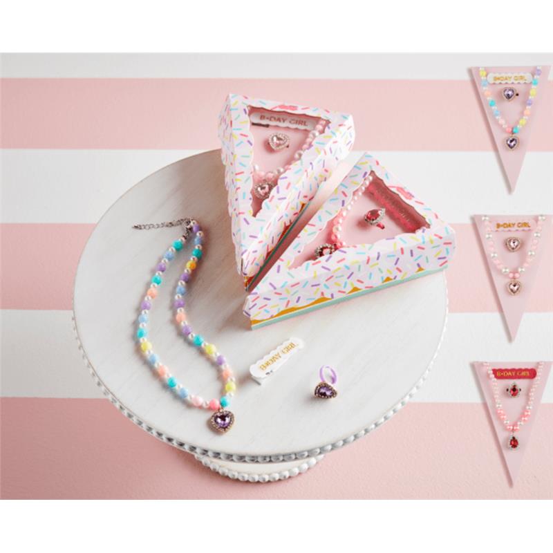 Light pink birthday jewelry set featuring a colorful beaded necklace with heart pendant, an adjustable ring, and two packaged sets.