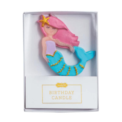 Mermaid-shaped birthday candle in a gift box, featuring pink hair, a purple top, and a blue tail with gold accents.