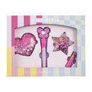 A pink-themed lip kit featuring four products: a heart-shaped gloss, a butterfly lip wand, a star-shaped gloss, and a pink lipstick.