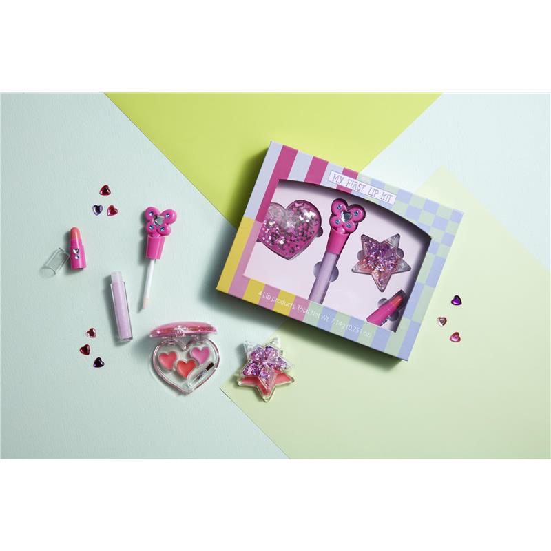 My First Lip Kit by Mud Pie, featuring a colorful box with glittery lip products: pink lipstick, lip gloss, heart-shaped compact, and sparkling star accessory.