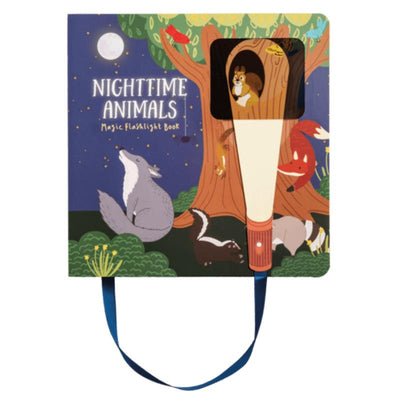 Nighttime Animals Magic Flashlight Book featuring a colorful cover with woodland animals and a flashlight illustration.