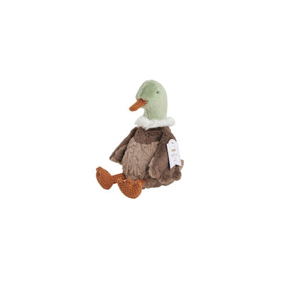 Plush doll of a mallard duck, featuring a green head, brown body, and crocheted orange feet, with a tag attached.