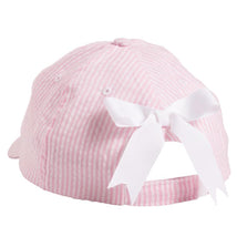 Pink striped baseball cap with a white bow at the back, designed for children.