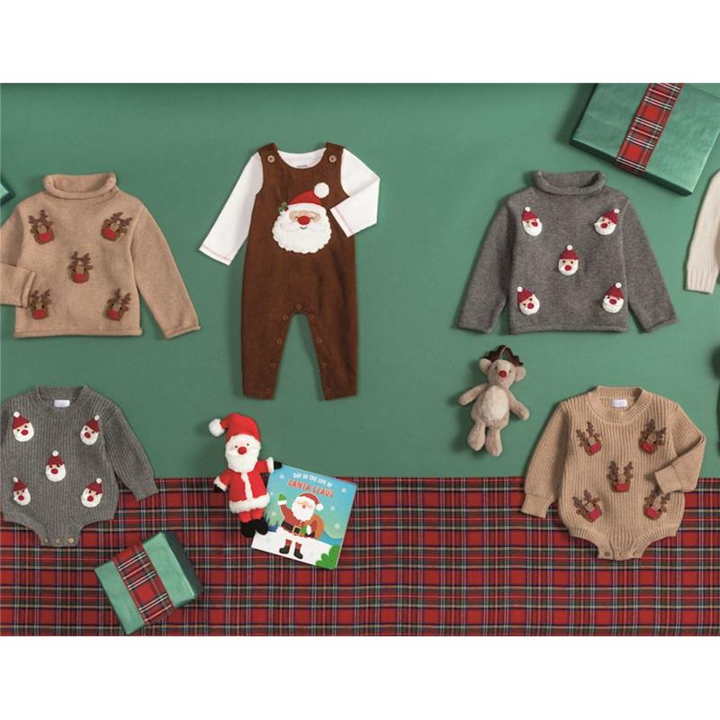 Corduroy longall set featuring a Santa design, surrounded by Christmas-themed clothing and toys.