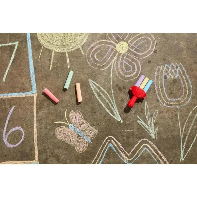 Triple chalk holder set by Mud Pie with colorful chalk pieces on a chalk-drawn outdoor surface.