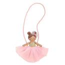 Brunette ballerina purse featuring a doll with a pink tulle skirt and a gold top, ideal for young dancers.