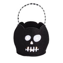 Black felt Halloween treat bucket shaped like a skull, featuring LED lights for illumination and a checkered handle.