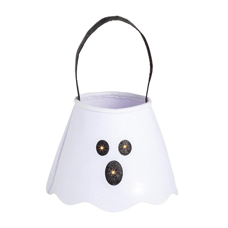 White felt Halloween treat bucket shaped like a ghost, featuring black buttons and an LED light-up design.