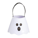 White felt Halloween treat bucket shaped like a ghost, featuring black buttons and an LED light-up design.