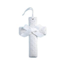 Ceramic white cross with raised dot texture and a white satin bow, designed for decorative purposes.