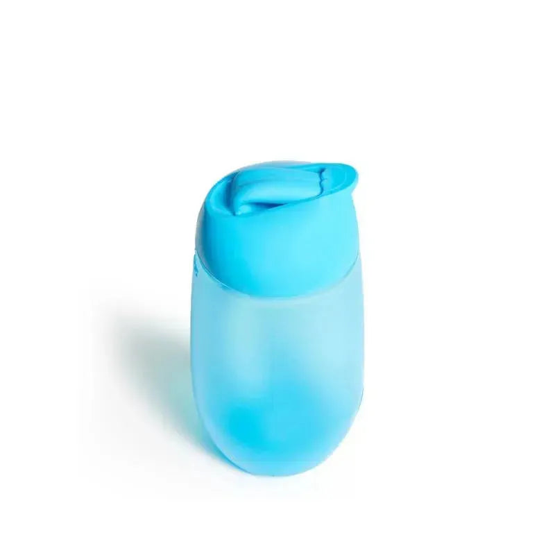 10 oz blue straw cup by Munchkin with a soft, silicone lid designed for easy cleaning and spill prevention.