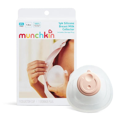 Silicone breastmilk collector cup by Munchkin, includes a storage plug, BPA-free, featured with a woman holding the cup.