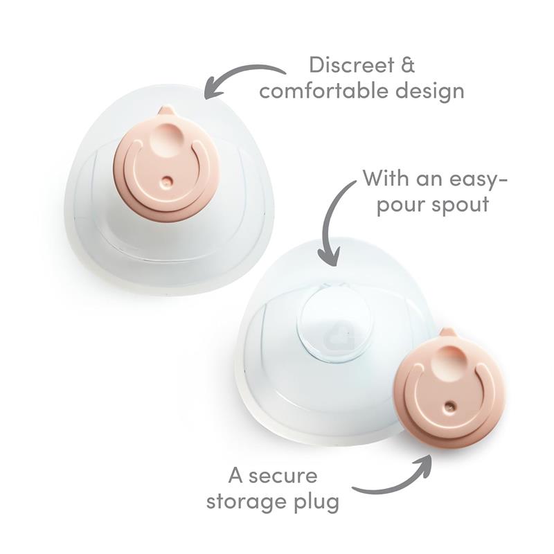 Silicone breastmilk collector cup by Munchkin with a discreet design, easy-pour spout, and secure storage plug.