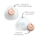Silicone breastmilk collector cup by Munchkin with a discreet design, easy-pour spout, and secure storage plug.