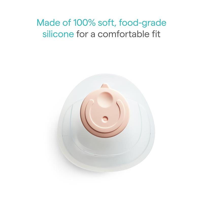 Silicone breastmilk collector cup in soft, food-grade silicone, featuring a round opening and pink lid for comfortable use.
