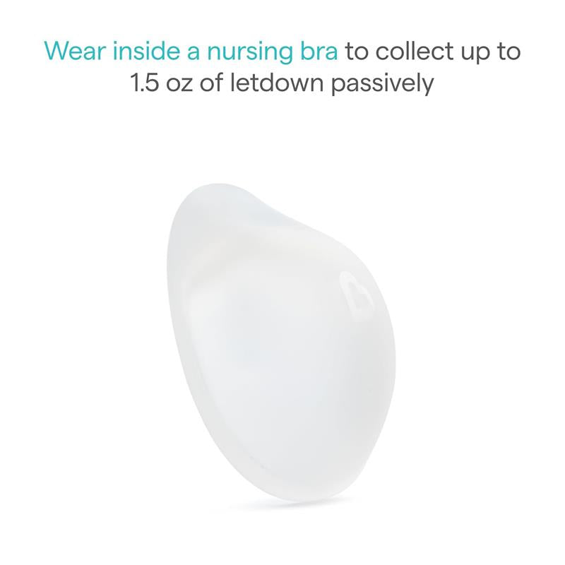 Silicone breastmilk collector cup designed to fit inside a nursing bra, collecting up to 1.5 oz of letdown.