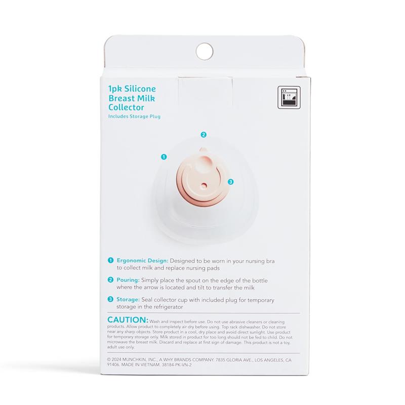 Silicone breastmilk collector cup with ergonomic design for hands-free use; includes storage plug and pouring instructions on packaging.