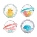 Four colorful transparent spheres containing floating toys: a yellow duck, a pink starfish, a pink shell, and a blue dolphin.