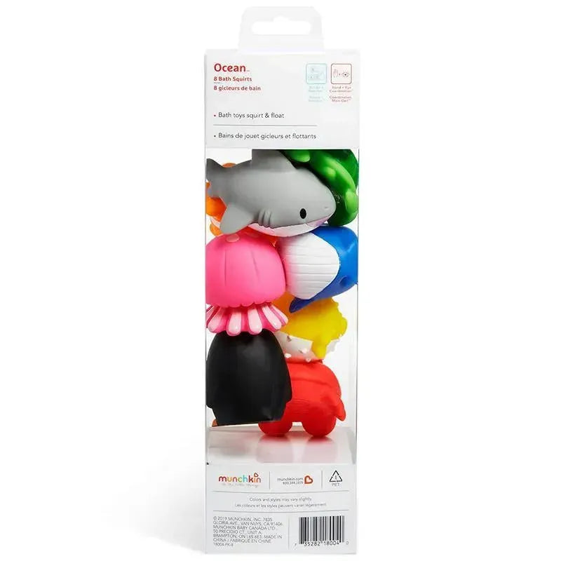 Munchkin 8-pack ocean squirters feature colorful bath toy animals, designed for squirt and float fun during bath time.
