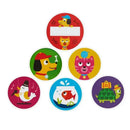 Colorful stickers featuring cartoon animals: a dog, cat, bird, turtle, and fish, with playful designs and expressions.