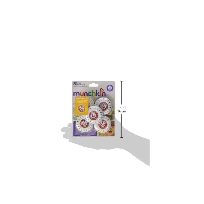 Munchkin Arm & Hammer Fresheners 5-Pack, featuring five round fresheners with the Arm & Hammer logo, displayed with a hand for size reference.