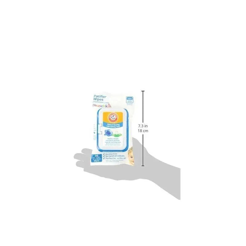 Munchkin Arm & Hammer Pacifier Wipes, 36-count package shown in a hand, measuring 7.3 inches.