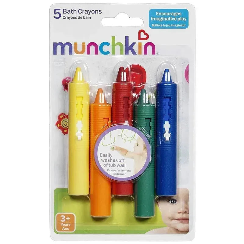 Five colorful Munchkin bath crayons in yellow, orange, red, green, and blue, packaged with a note about easy cleaning.
