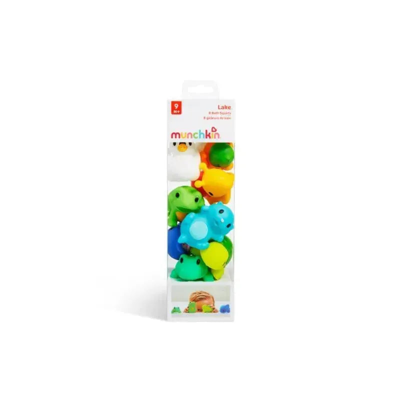 Munchkin Bath Lake Squirters, an 8-pack of colorful animal bath toys including ducks, frogs, and turtles.