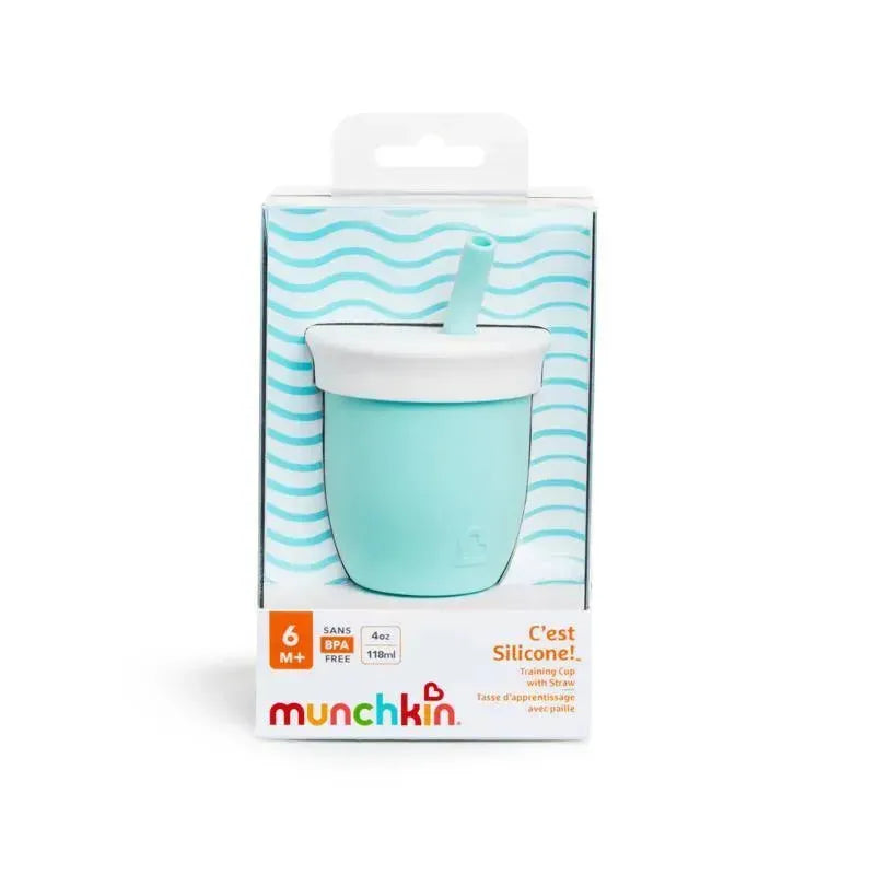 Mint-colored Munchkin training cup with straw, BPA-free, 4 oz capacity, packaged with wavy background design.