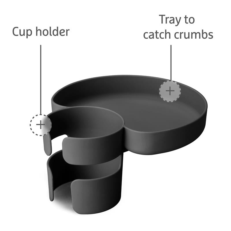 Munchkin Car Seat Tray featuring a cup holder and a tray designed to catch crumbs, both in sleek black.