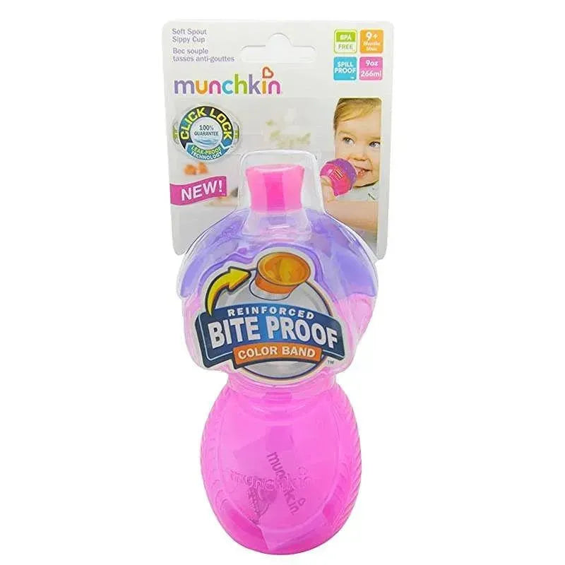 9 oz. Munchkin Click Lock Bite Proof Sippy Cup in pink, featuring a soft spout and reinforced bite-proof design.