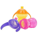 Bite-proof trainer cup set in vibrant colors, featuring a yellow, orange, purple, and pink design suitable for toddlers.
