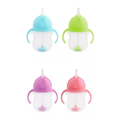 Munchkin Click Lock Weighted Straw Flexi Cup in four colors: blue, green, pink, and purple, with easy-grip handles.