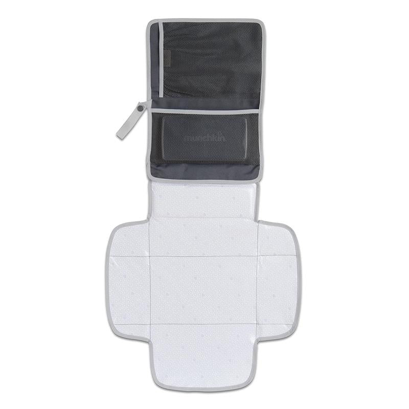 Munchkin Designer Diaper Changer in white and gray, featuring a padded surface and a zippered mesh pocket.