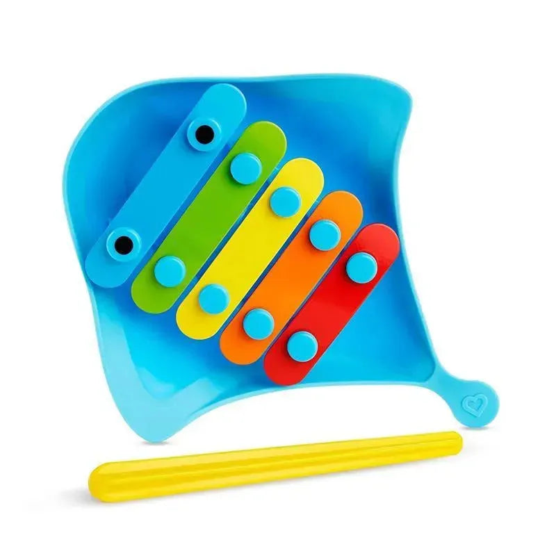 Colorful xylophone bath toy with seven bars in blue, green, yellow, orange, and red, accompanied by a yellow mallet.